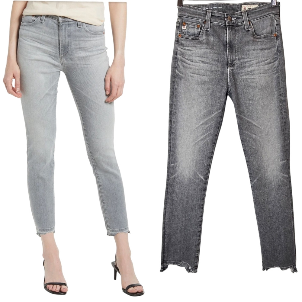 AG Adriano Goldschmied Mari High Rise Slim Straight Crop Jean Raw Hem Grey 26